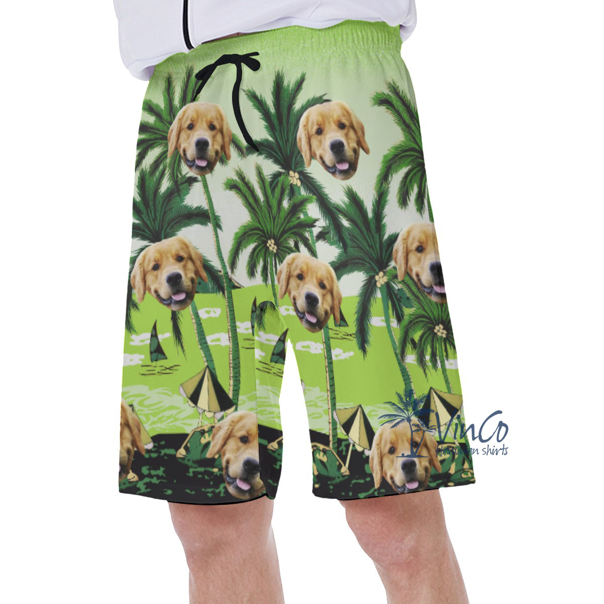 Custom Green Palm Men's Swim Trunks With Dog Faces