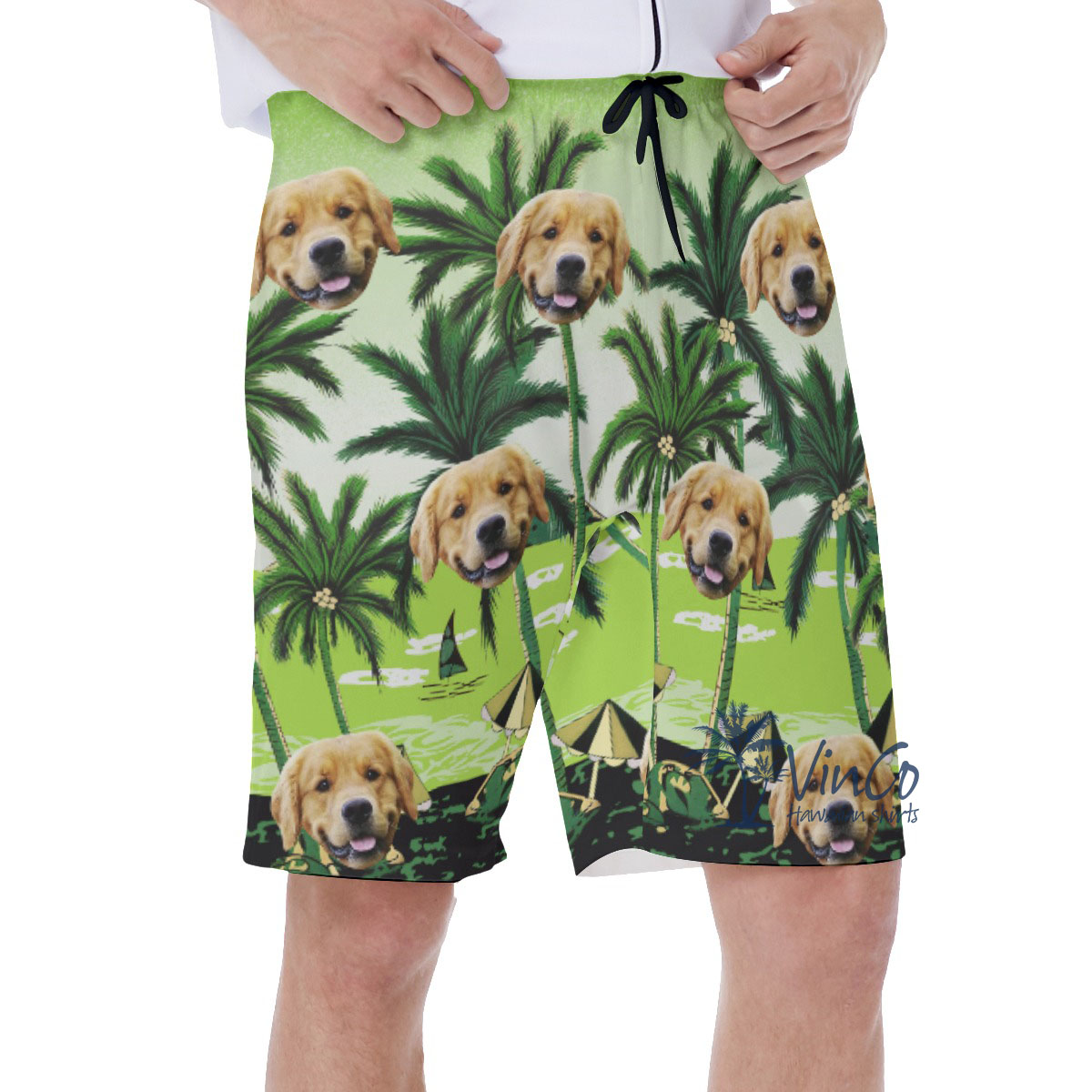 Custom Green Palm Men's Swim Trunks With Dog Faces