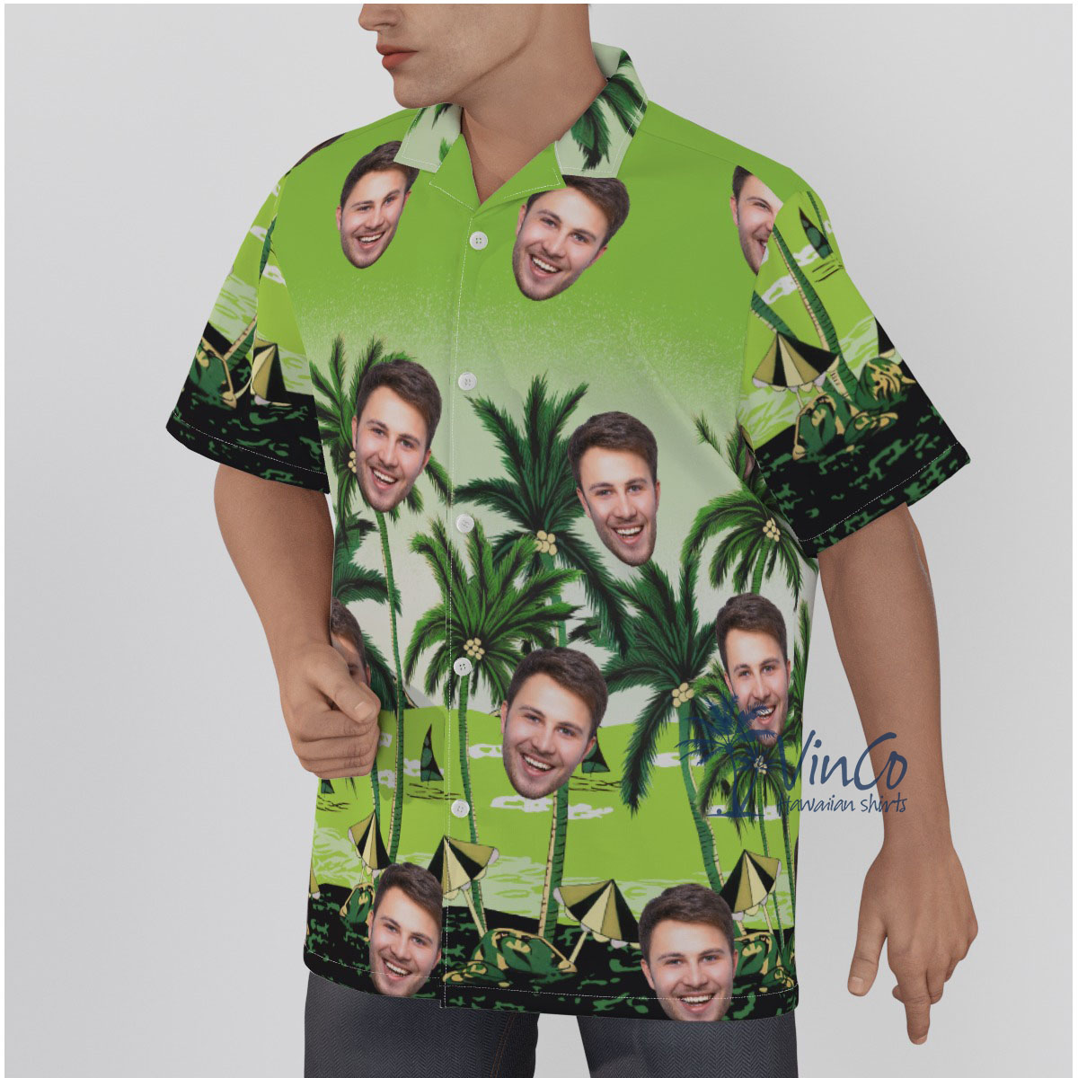 Green Custom Face Hawaiian Shirt With Photos
