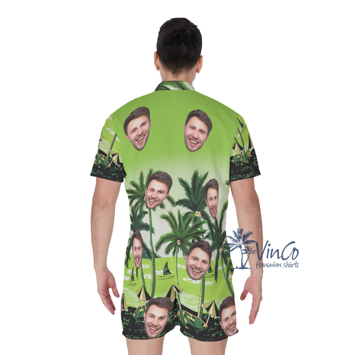 Green Beach Men's Hawaiian Romper With Multiple Faces