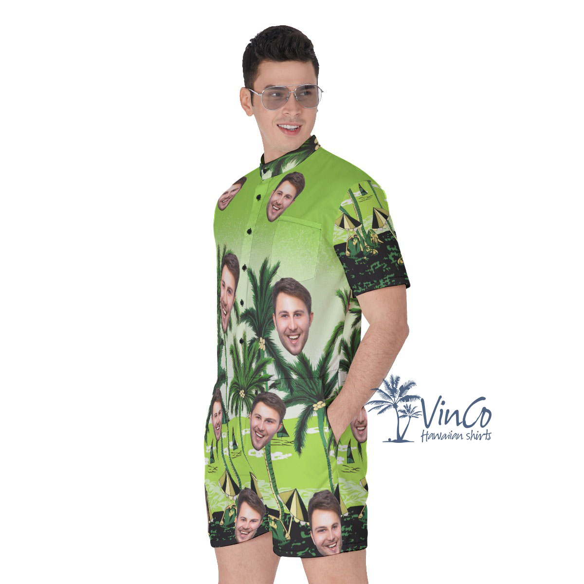 Green Beach Men's Hawaiian Romper With Multiple Faces