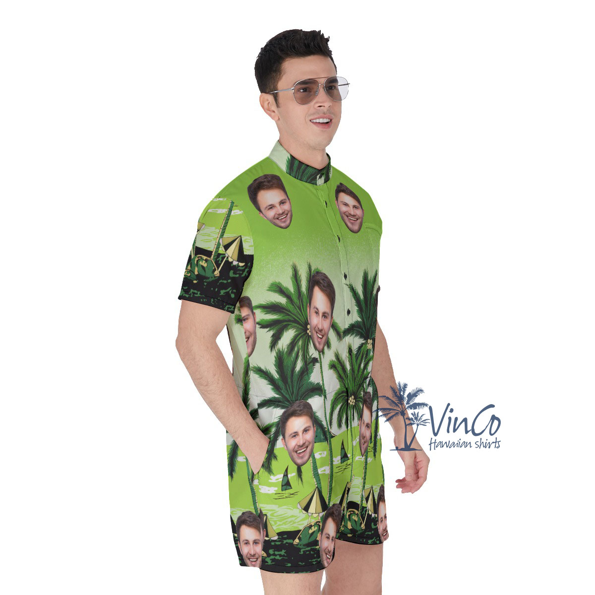 Green Beach Men's Hawaiian Romper With Multiple Faces