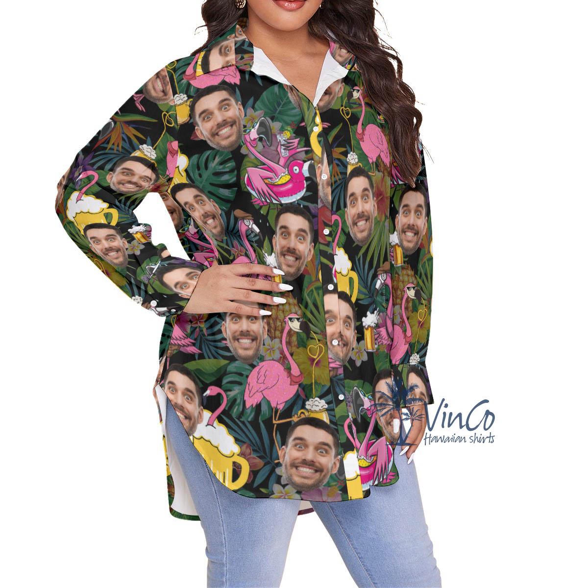 Tropical Flamingo Beer Custom Face Hawaiian Plus Size Shirt
