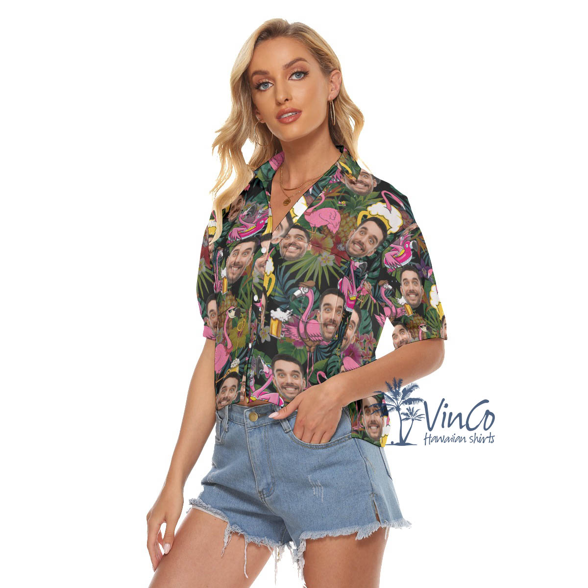 Funny Custom Face Flamingo Beer Hawaiian Cropped Shirt For Women