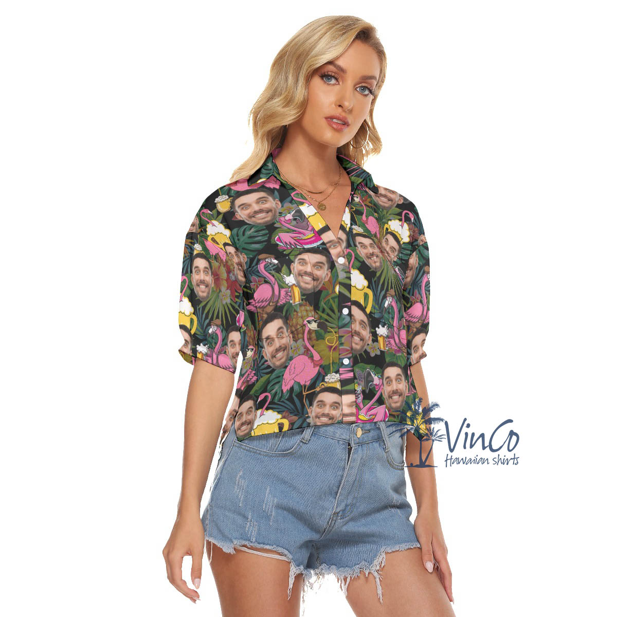 Funny Custom Face Flamingo Beer Hawaiian Cropped Shirt For Women