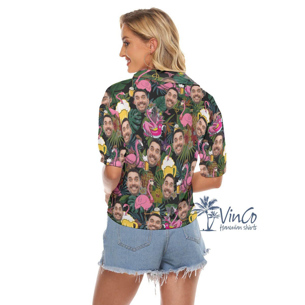 Funny Custom Face Flamingo Beer Hawaiian Cropped Shirt For Women