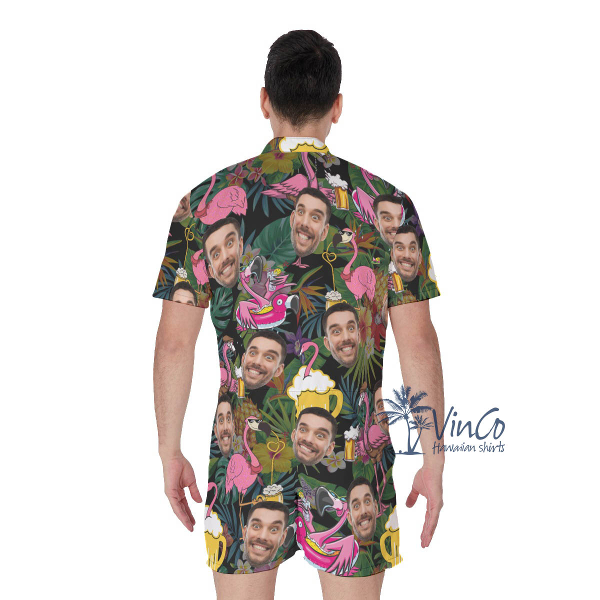 Tropical Flamingo Beer Custom Face Hawaiian Romper For Men