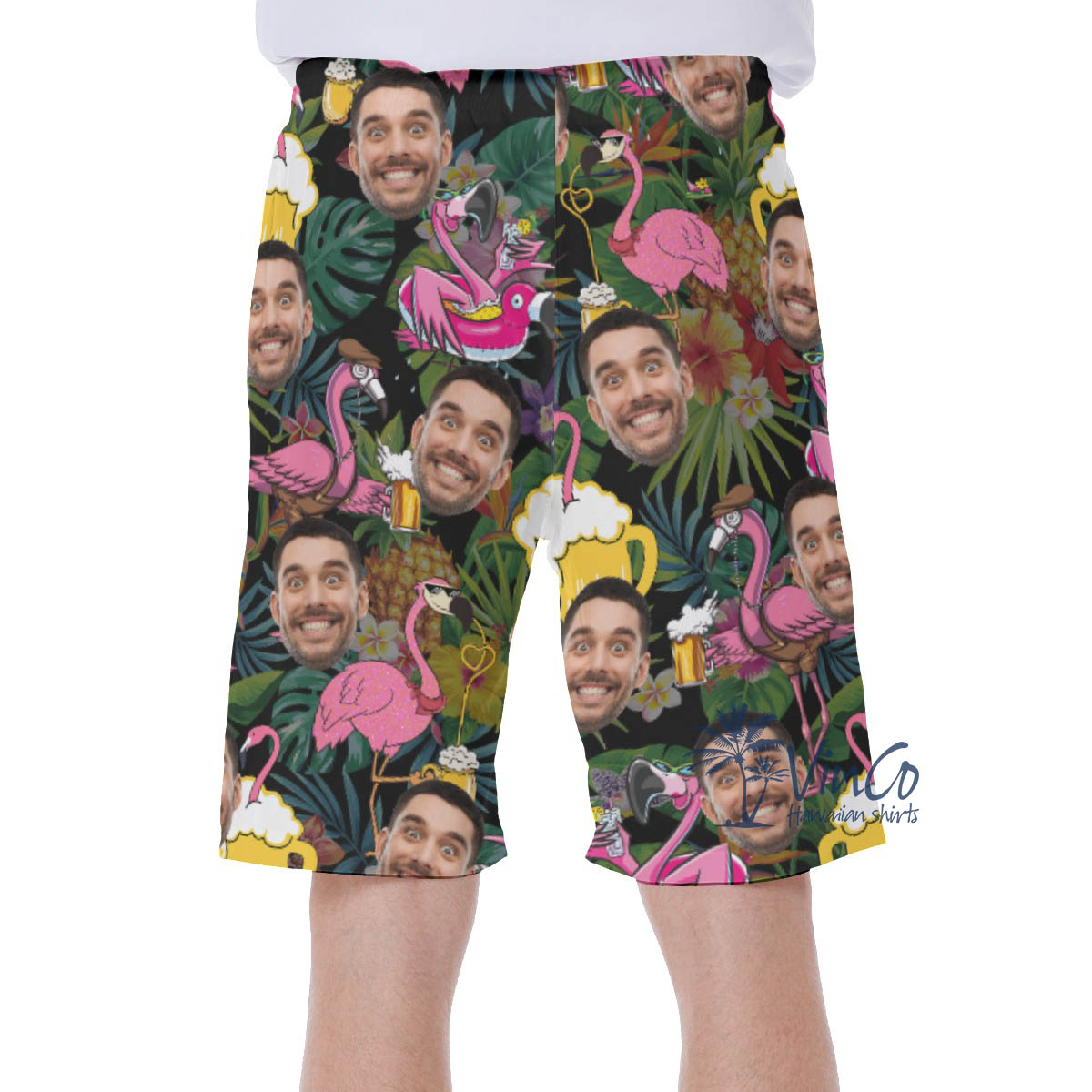 Custom Flamingo Beer Hawaiian Swim Trunks With Face