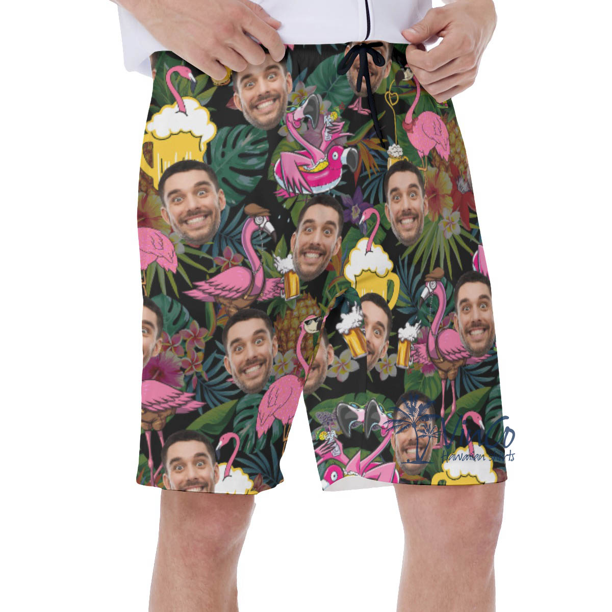 Custom Flamingo Beer Hawaiian Swim Trunks With Face