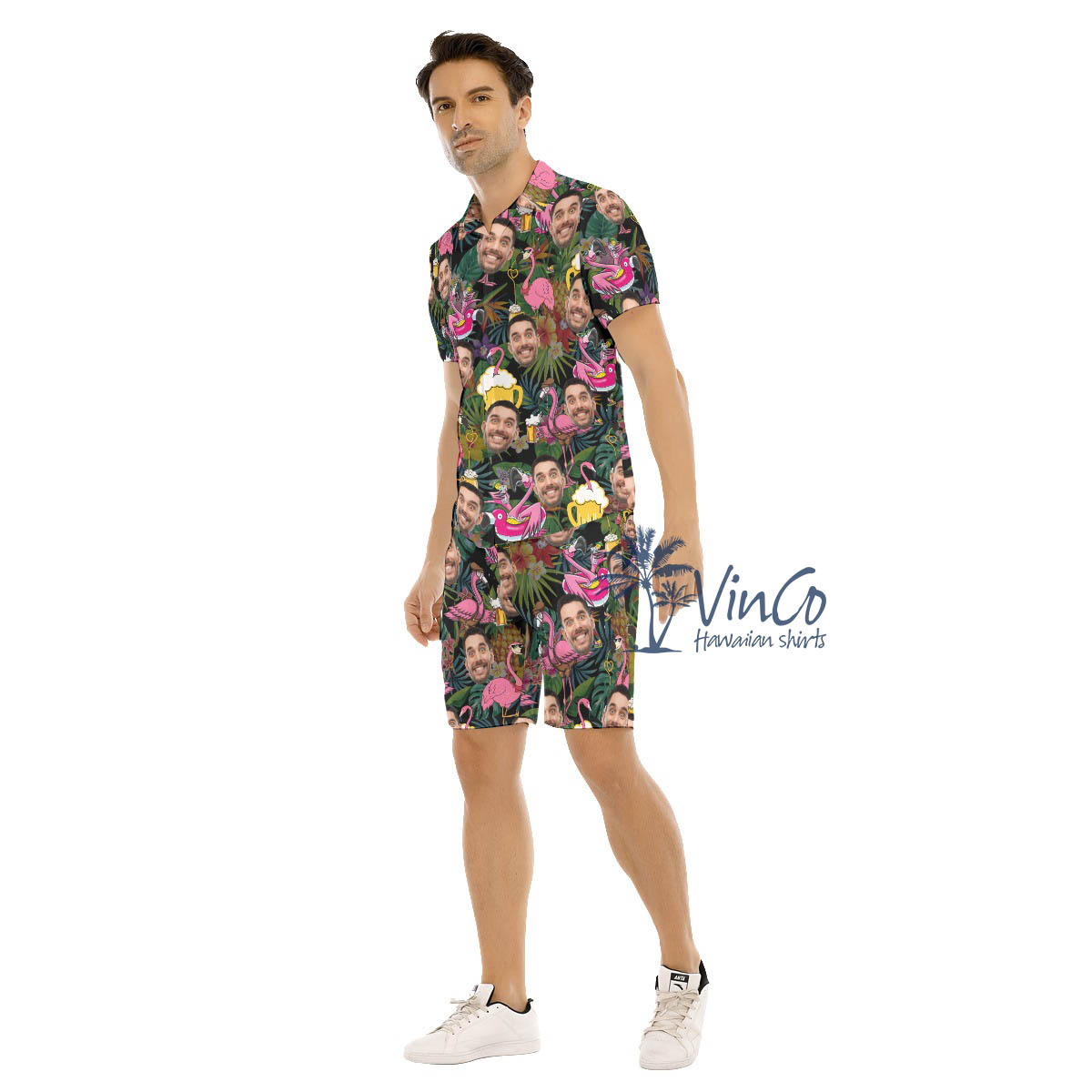 Funny Flamingo Beer Custom Face Hawaiian Shirt And Matching Shorts For Men