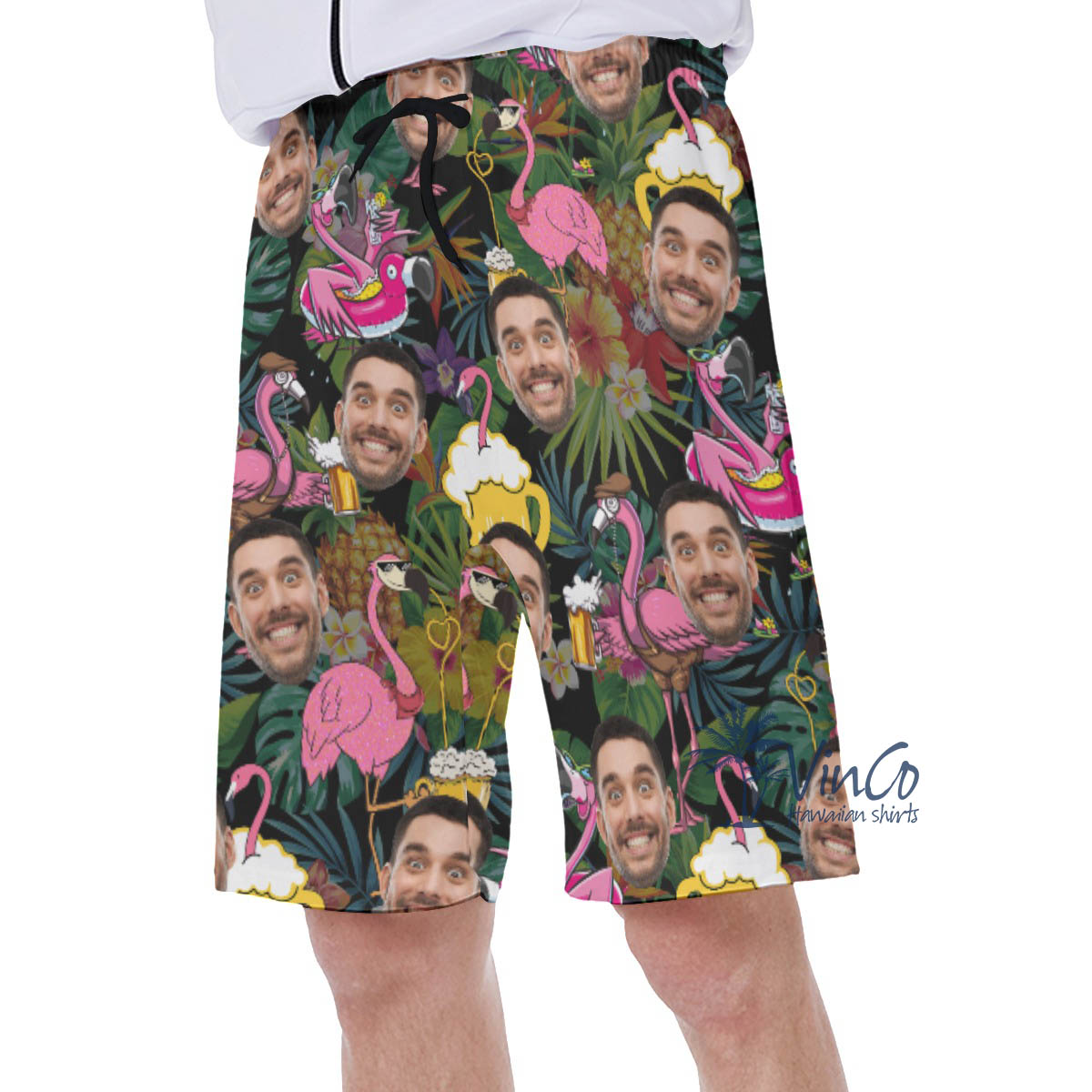 Custom Flamingo Beer Hawaiian Swim Trunks With Face