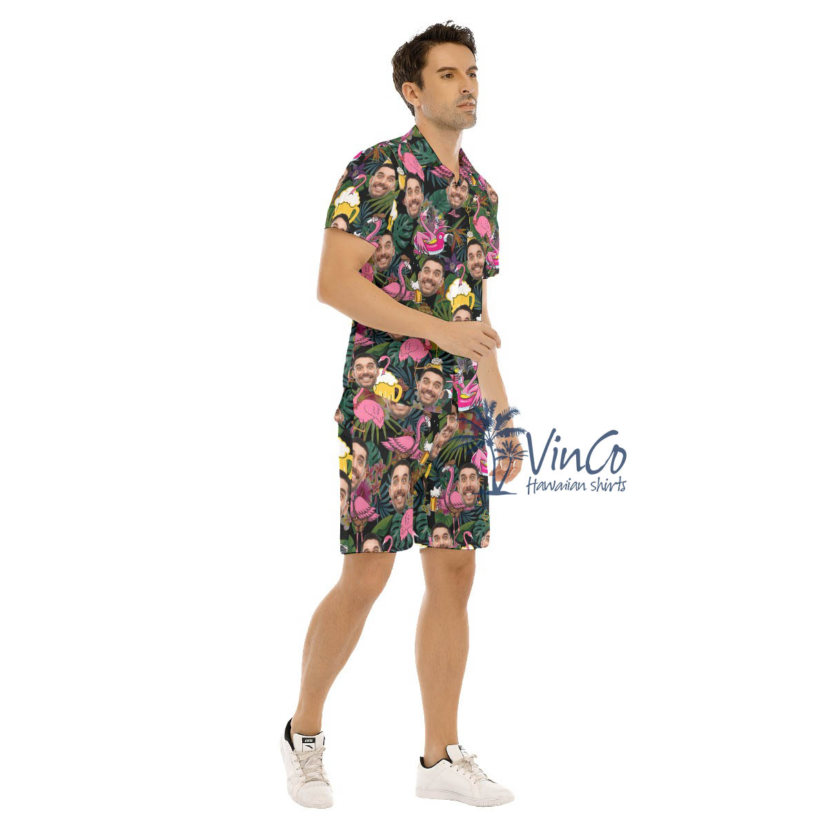 Funny Flamingo Beer Custom Face Hawaiian Shirt And Matching Shorts For Men