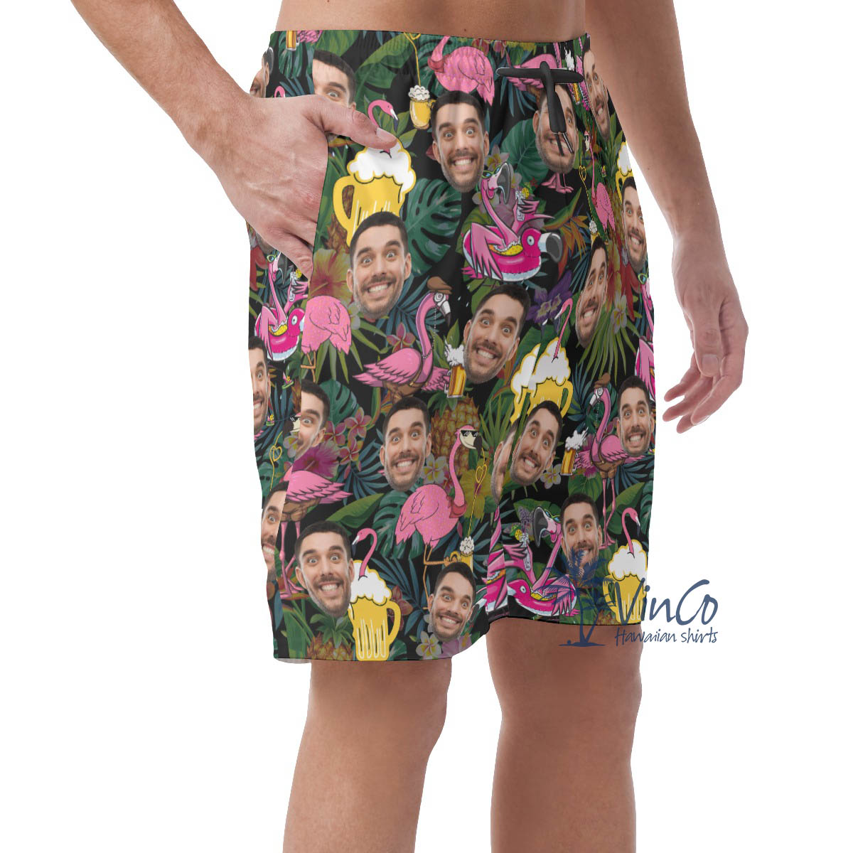 Funny Flamingo Beer Custom Face Hawaiian Beach Shorts For Summer