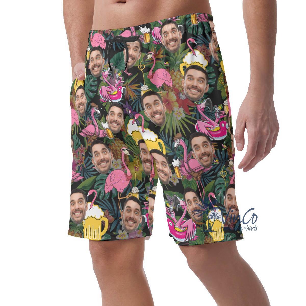 Funny Flamingo Beer Custom Face Hawaiian Beach Shorts For Summer