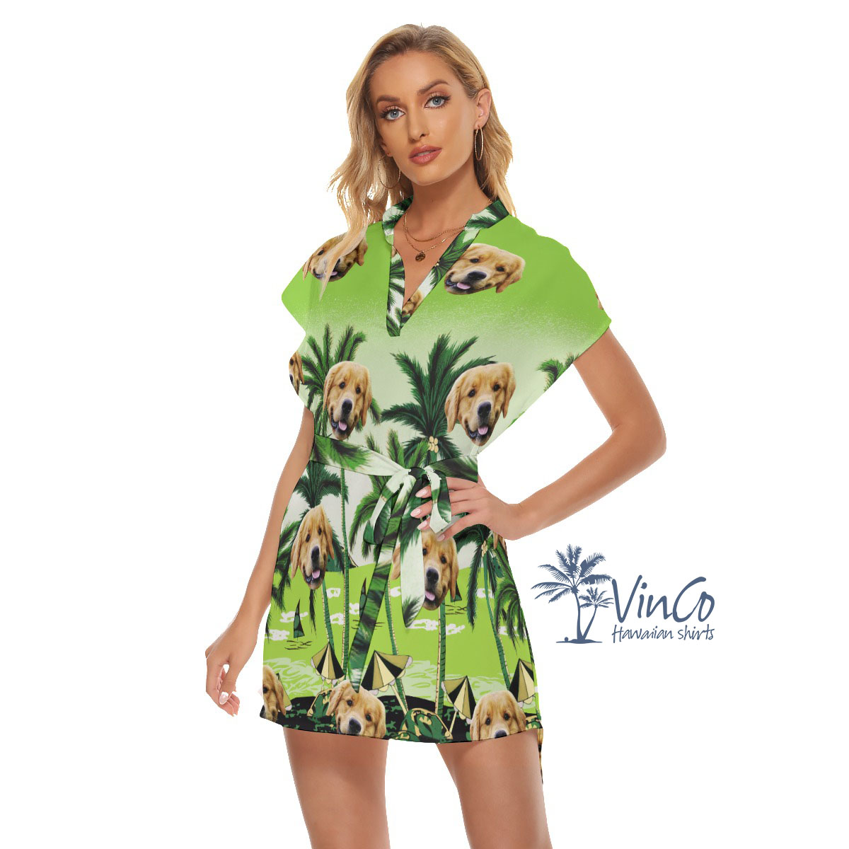 Custom Green Hawaiian Belt Dress With Dog Photo