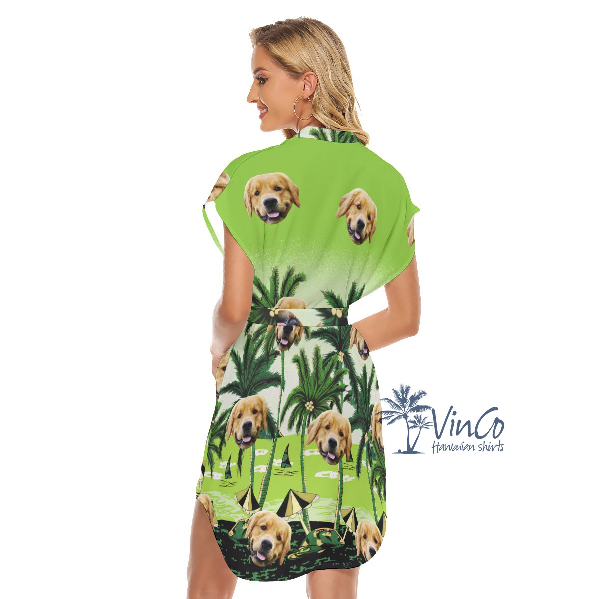 Custom Green Hawaiian Belt Dress With Dog Photo