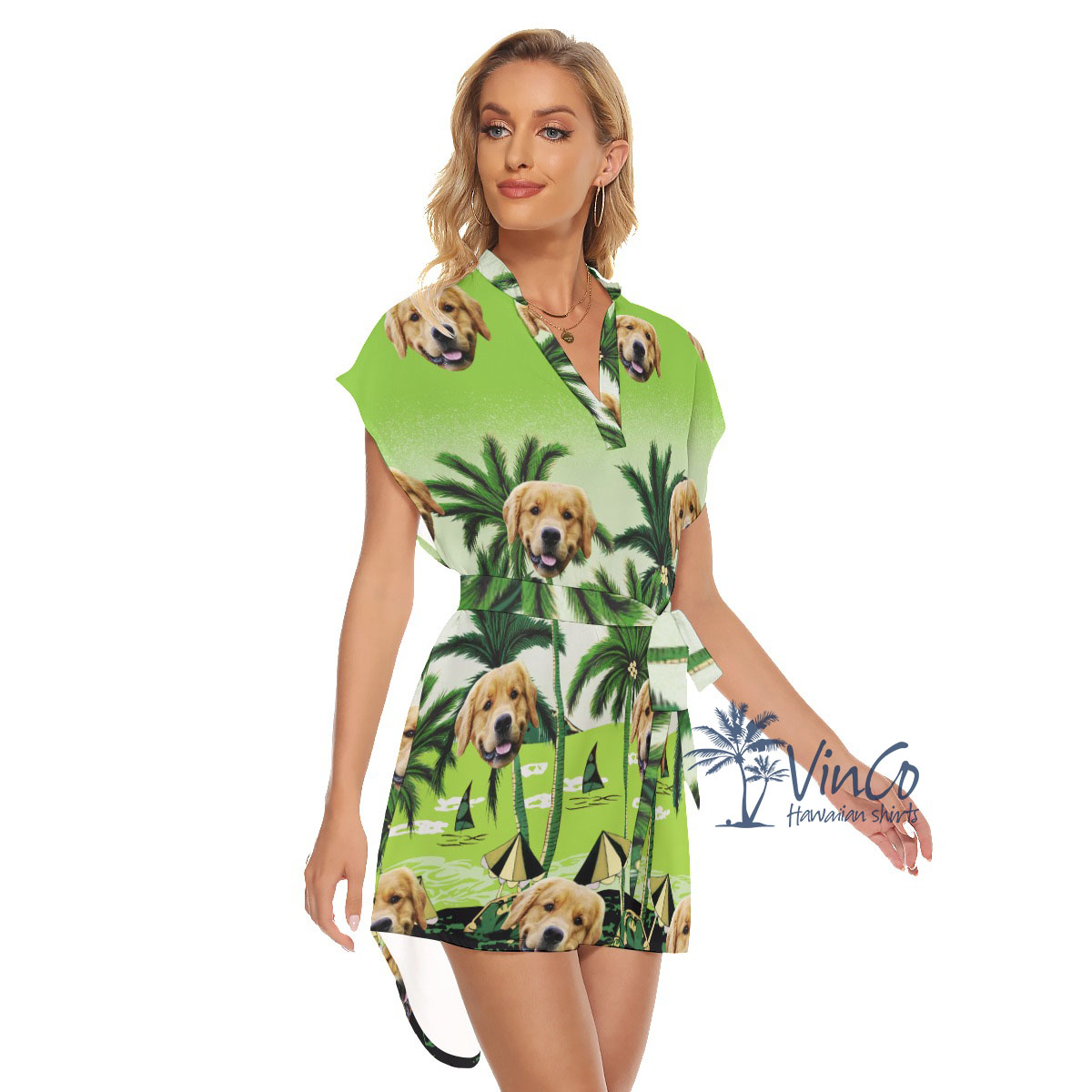 Custom Green Hawaiian Belt Dress With Dog Photo