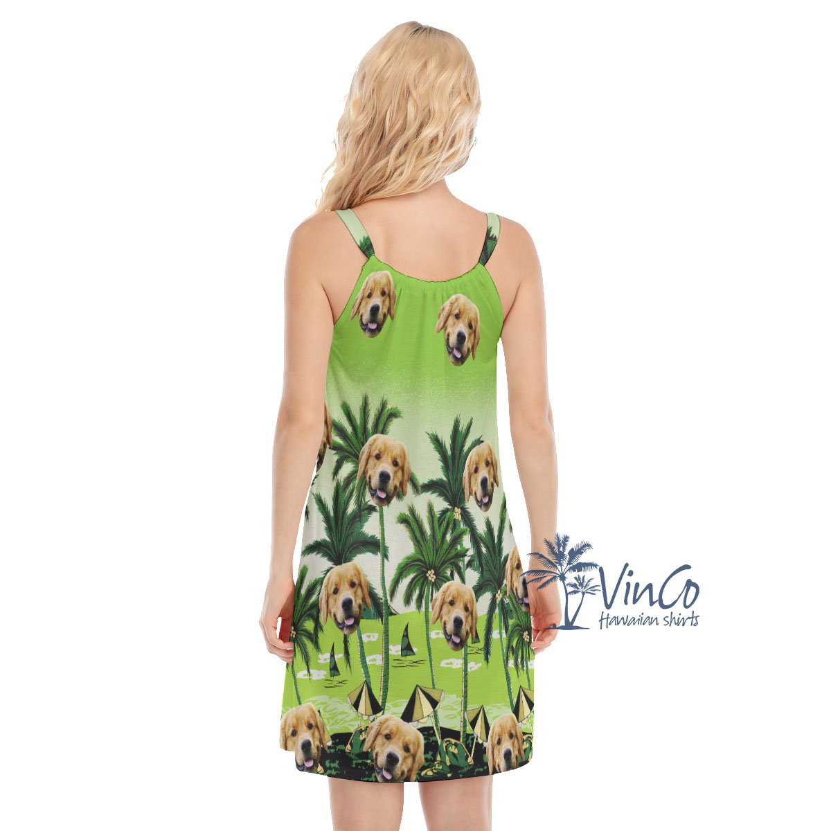 Custom Green Hawaiian Cami Dress With Multiple Dog Faces