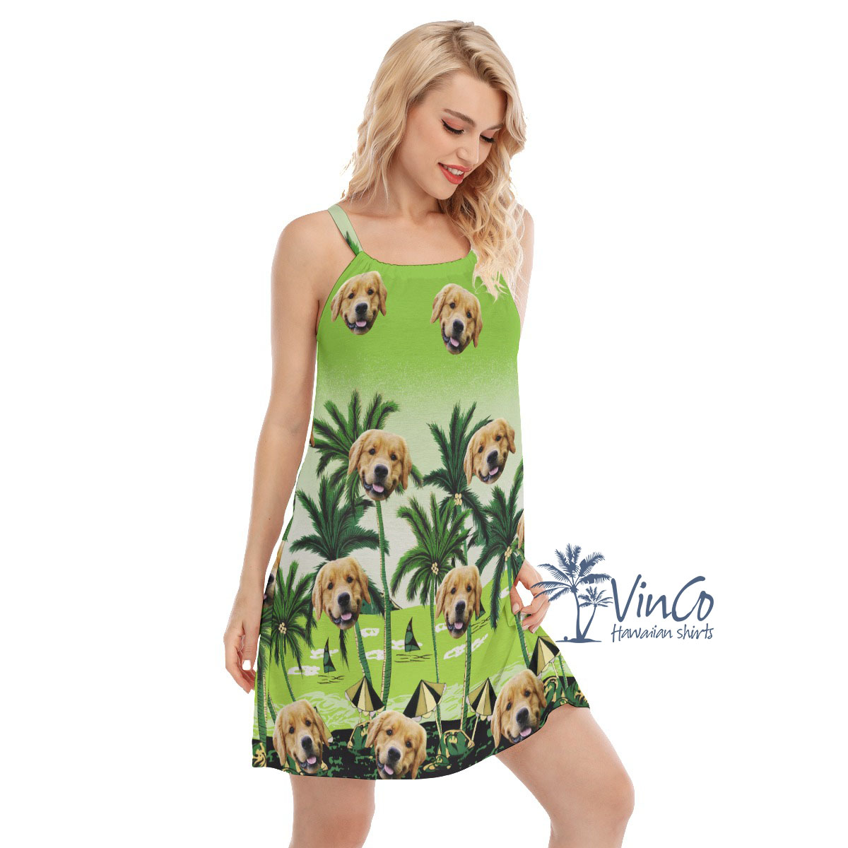 Custom Green Hawaiian Cami Dress With Multiple Dog Faces