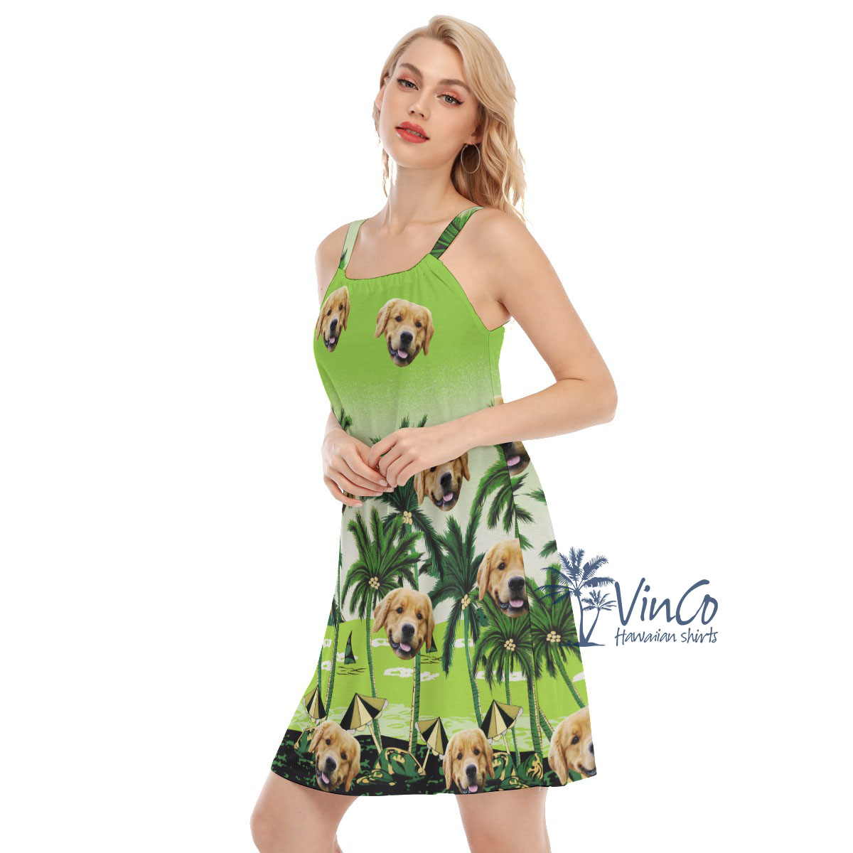 Custom Green Hawaiian Cami Dress With Multiple Dog Faces