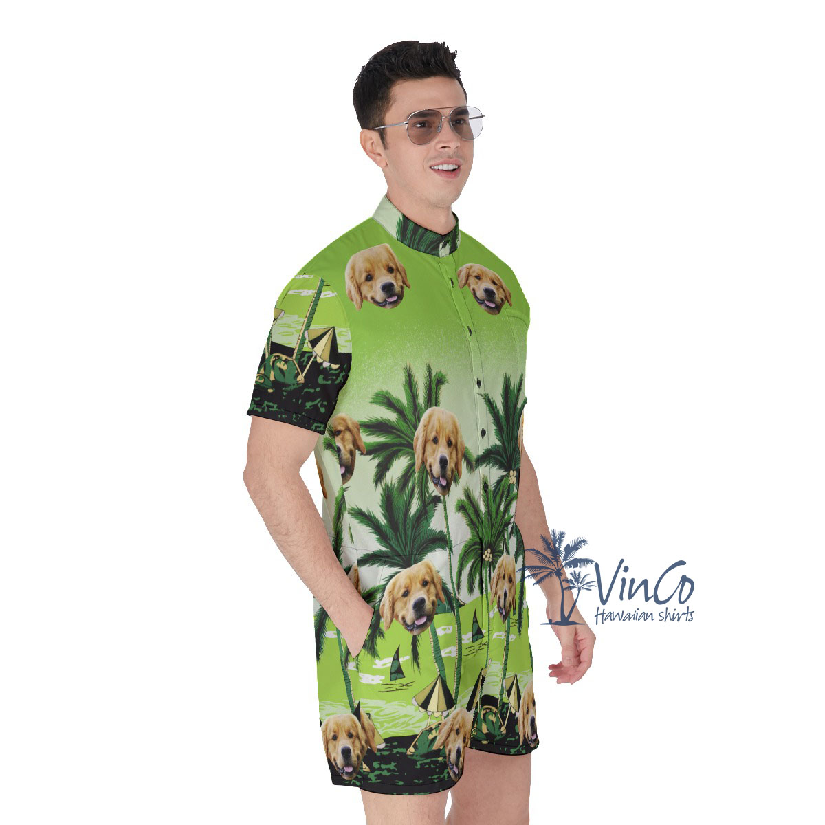 Custom Green Palm Men's Hawaiian Romper With Dog Faces