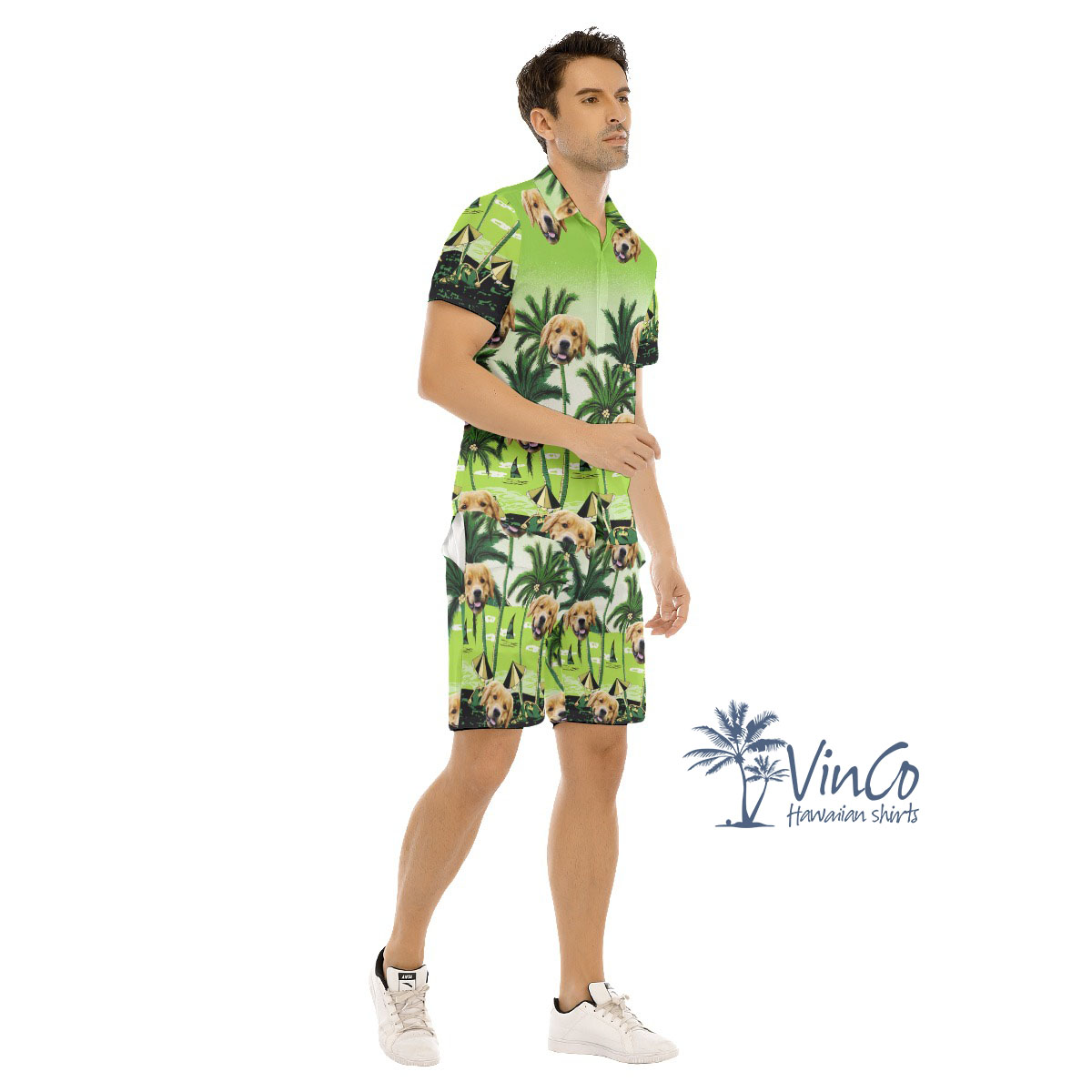 Custom Green Beach Men's Hawaiian Set With Dog Faces