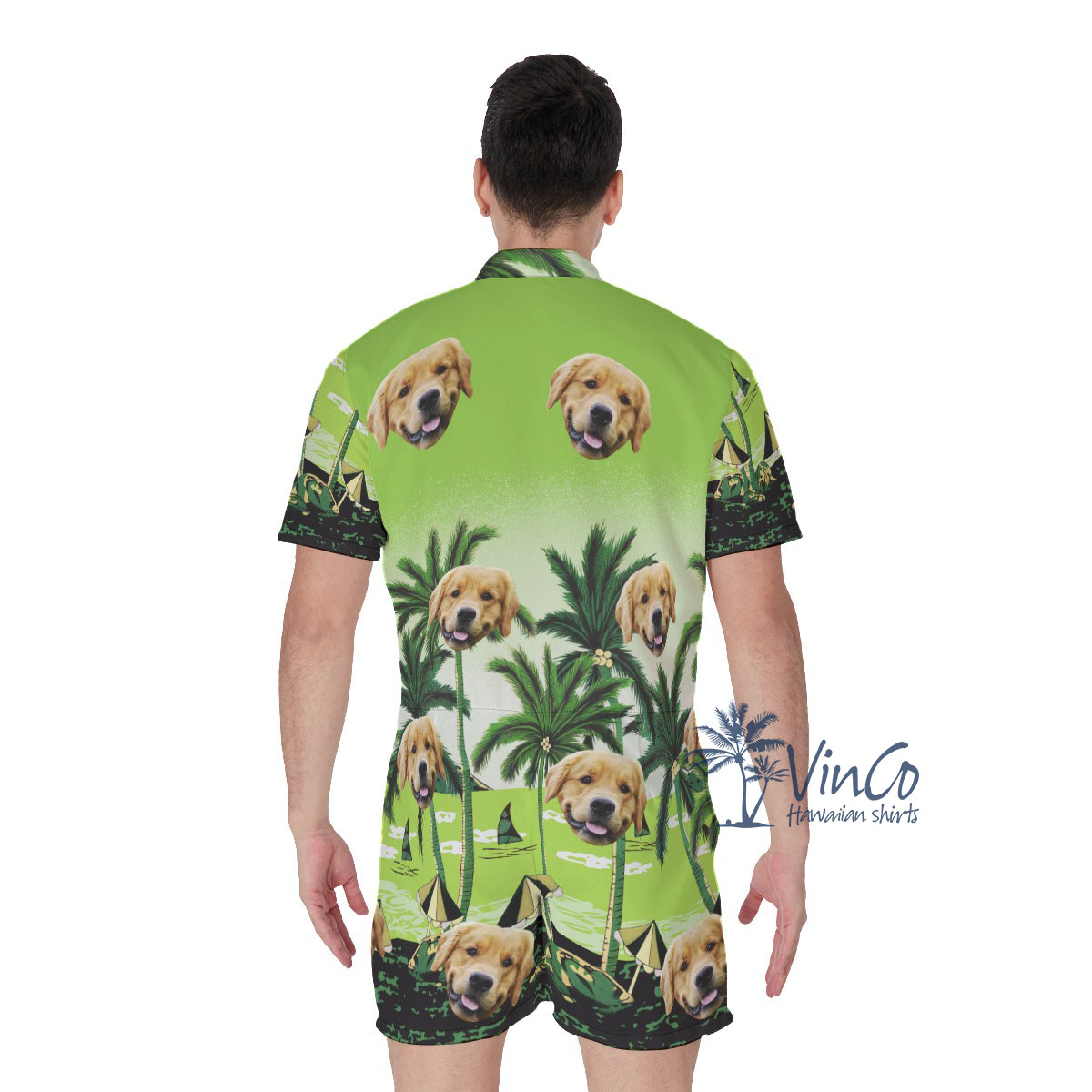 Custom Green Palm Men's Hawaiian Romper With Dog Faces