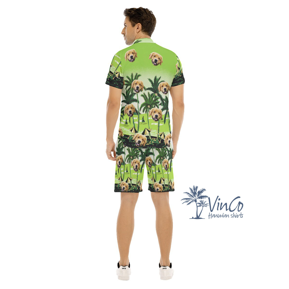 Custom Green Beach Men's Hawaiian Set With Dog Faces