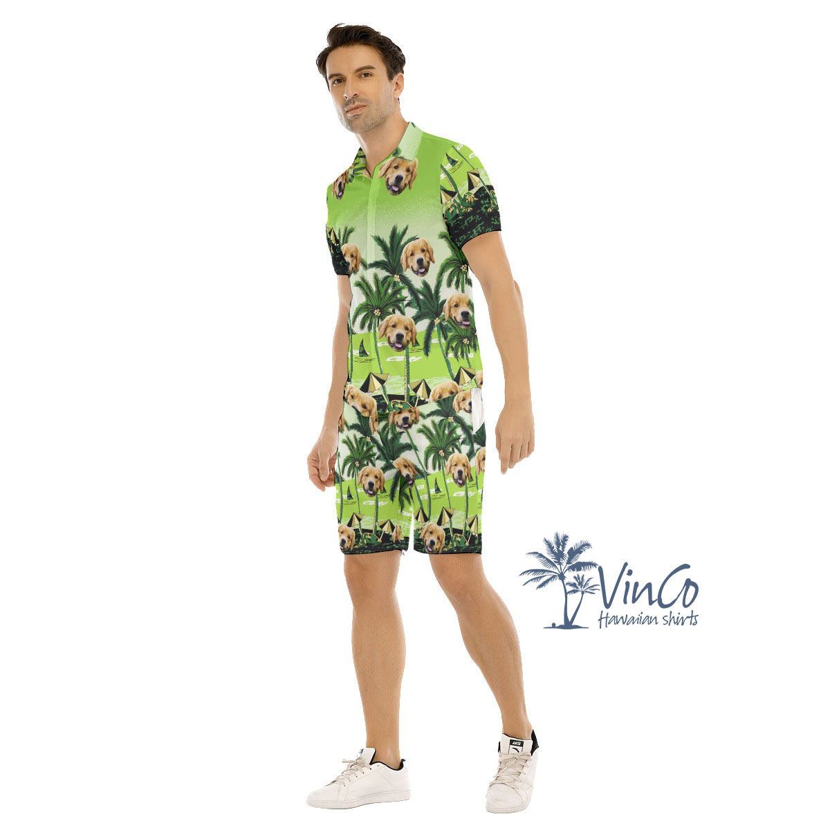 Custom Green Beach Men's Hawaiian Set With Dog Faces