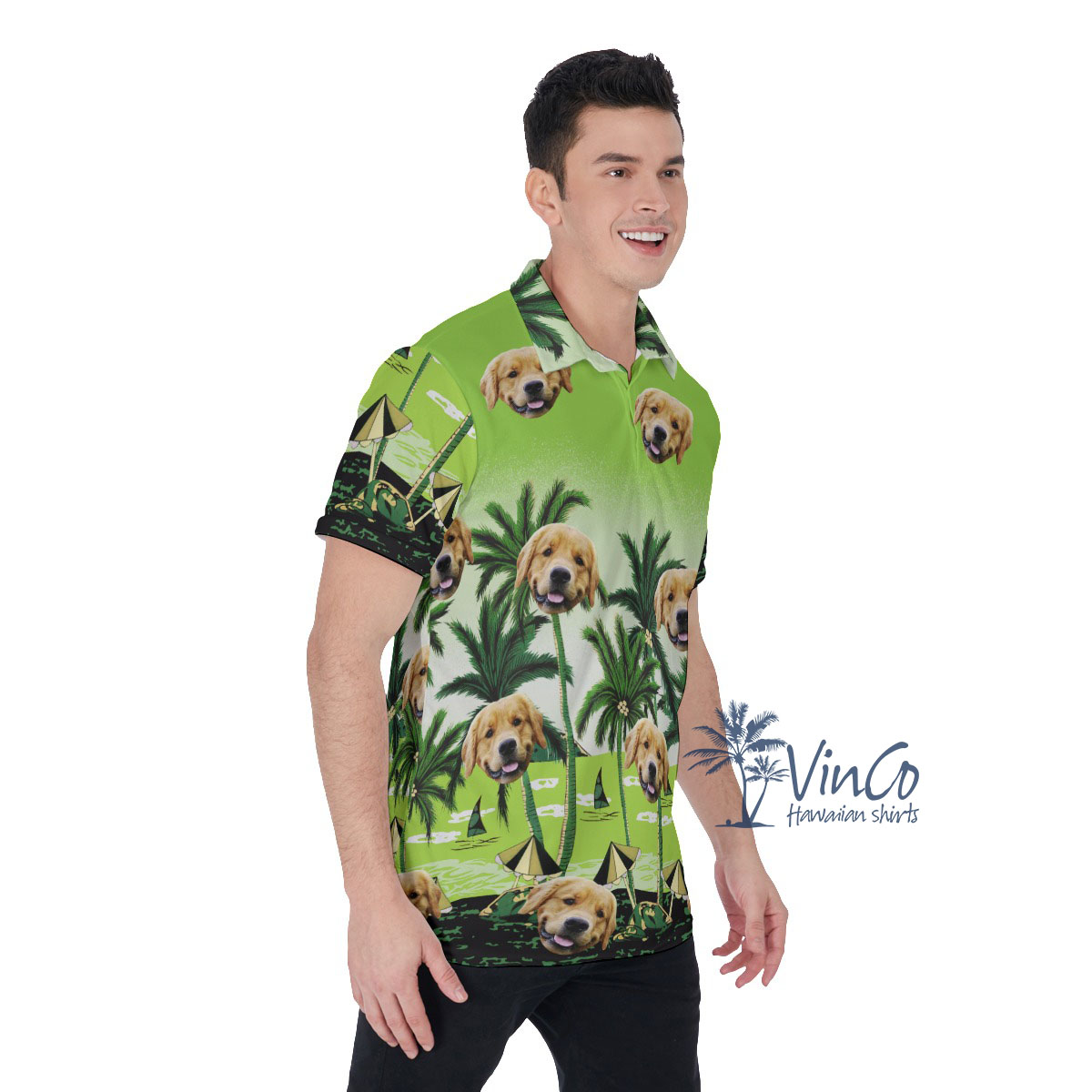 Custom Green Men's Golf Shirt With Dog Face