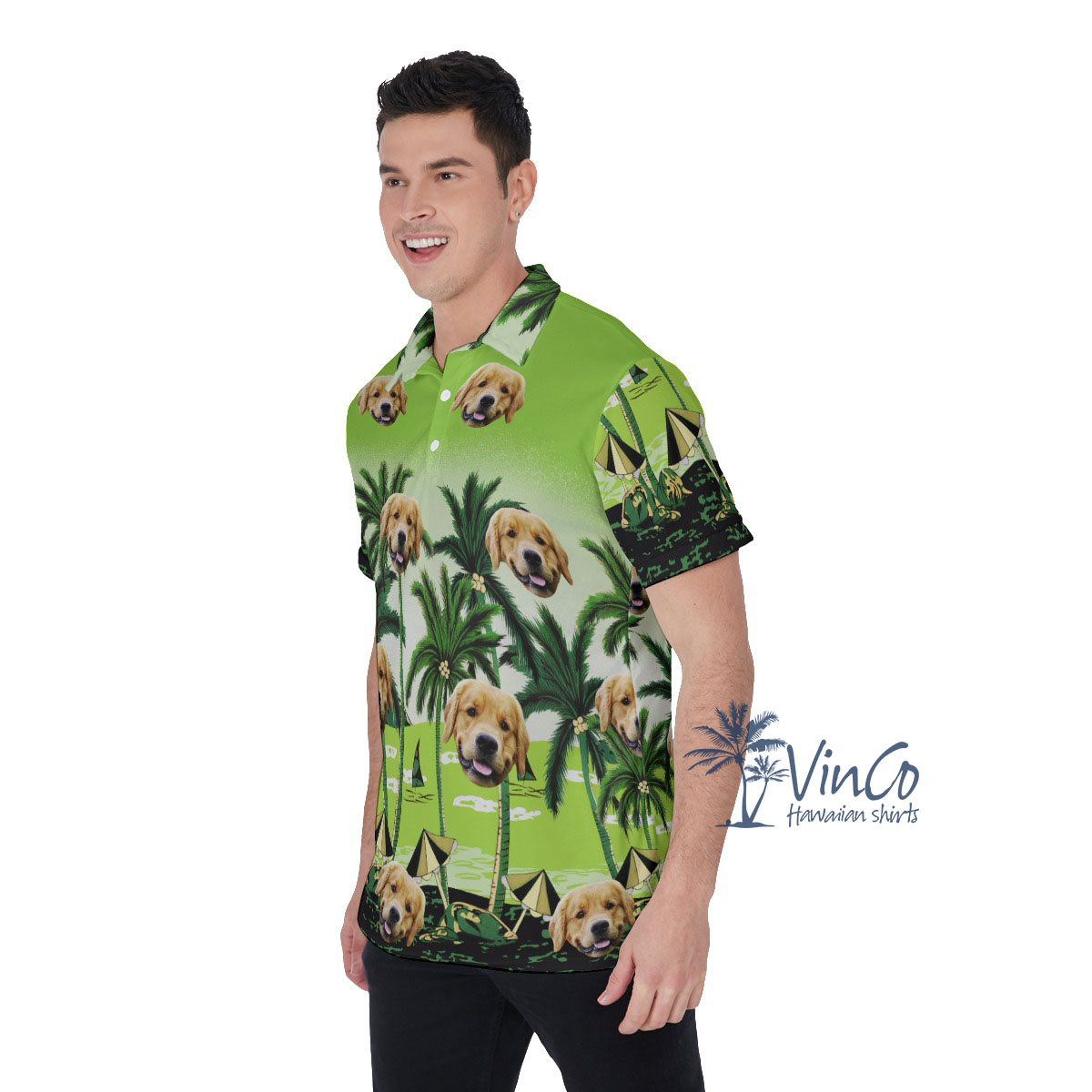 Custom Green Men's Golf Shirt With Dog Face