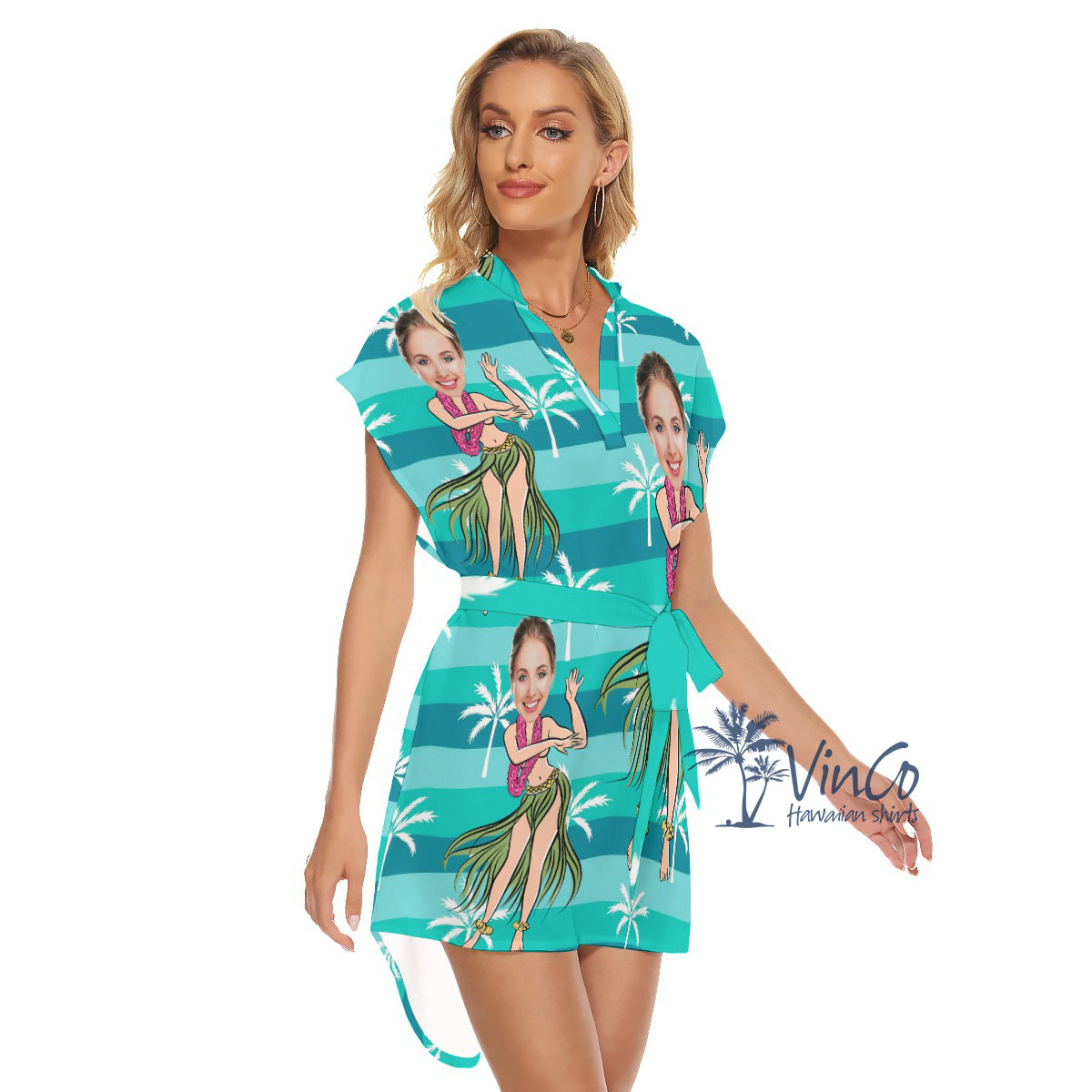 Hula Girl Funny Custom Hawaiian Belted Dress With Photo