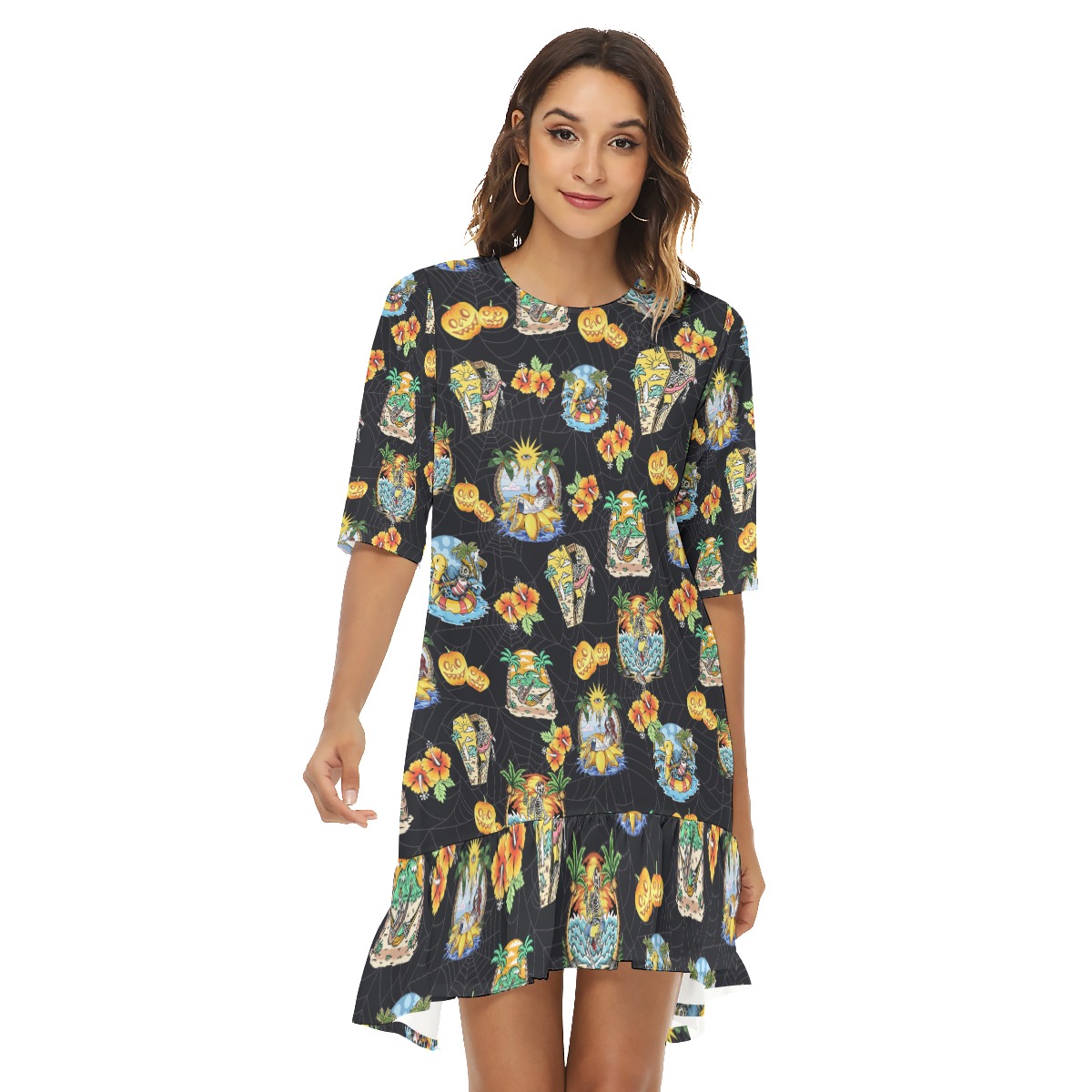 Funny Skeleton Vacation Summer Hawaiian Dress With Ruffle Hem