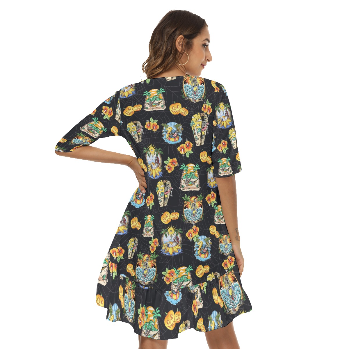Funny Skeleton Vacation Summer Hawaiian Dress With Ruffle Hem