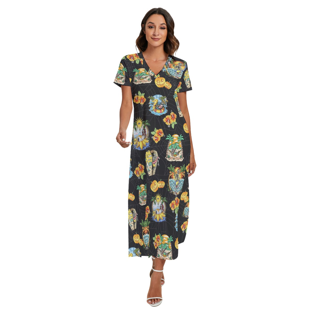 Skeleton Vacation Luau Dress With Side Slit