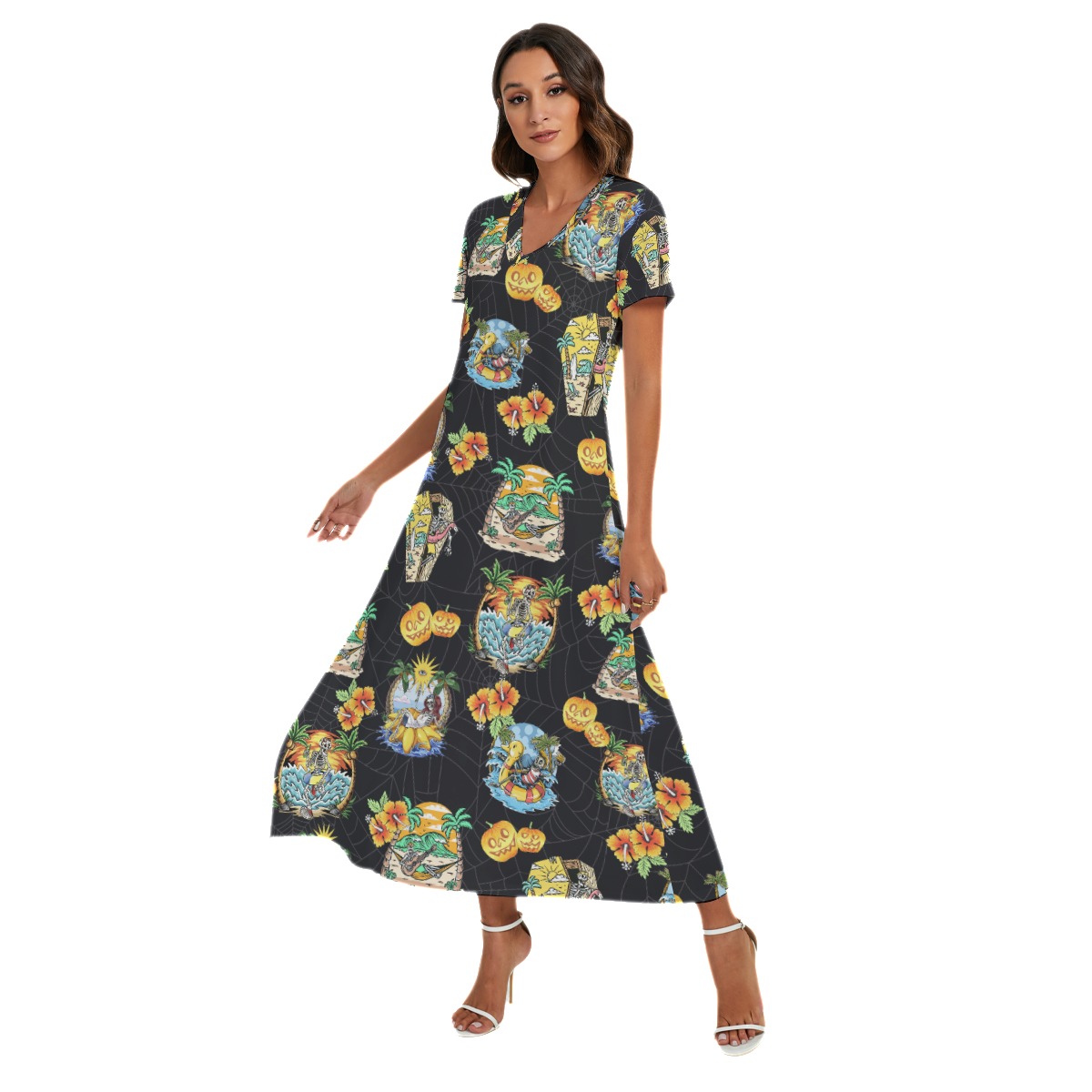 Skeleton Vacation Luau Dress With Side Slit