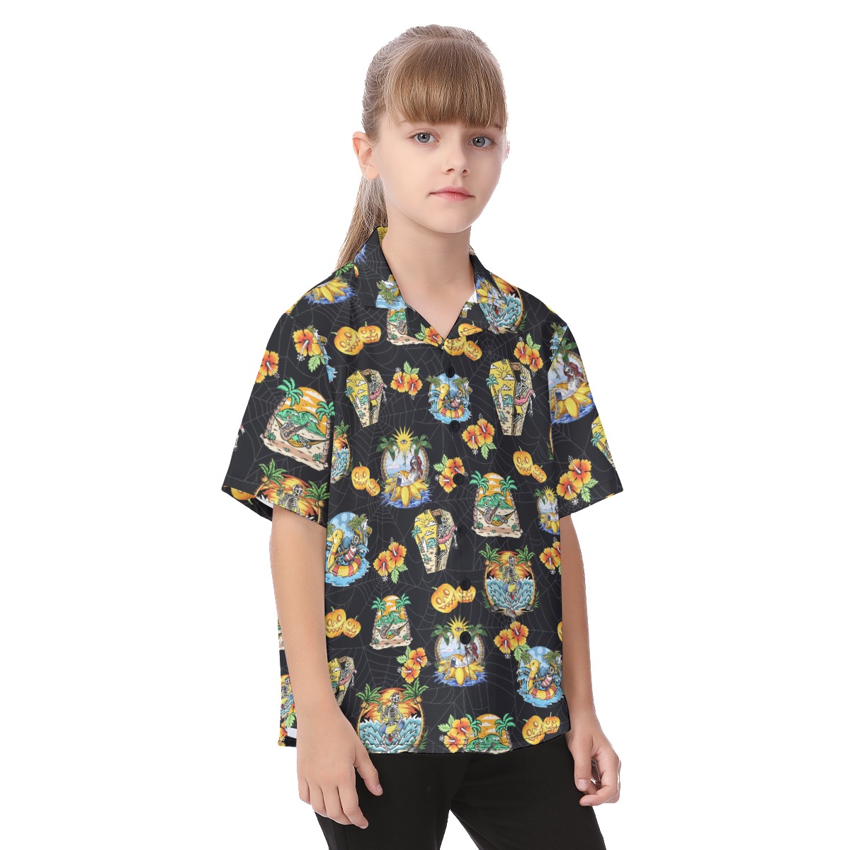 Funny Skeleton On Beach Aloha Shirt For Kids