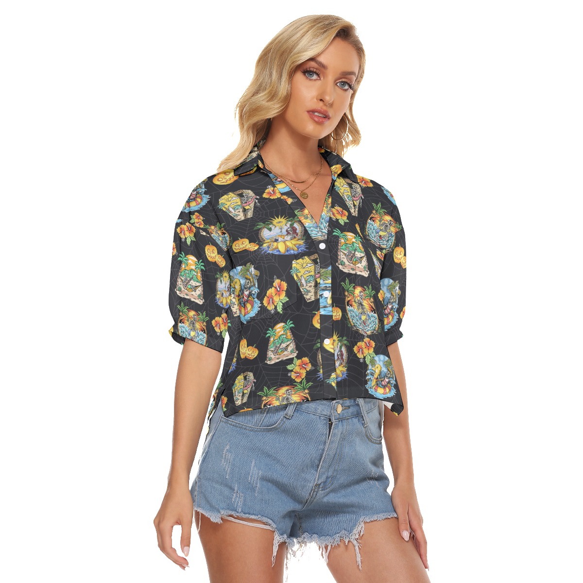 Funny Skeleton Vacation Hawaiian Cropped Shirt For Women