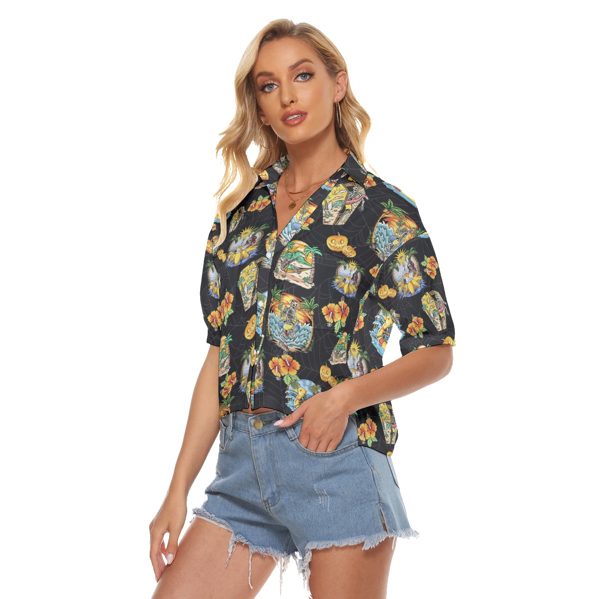 Funny Skeleton Vacation Hawaiian Cropped Shirt For Women