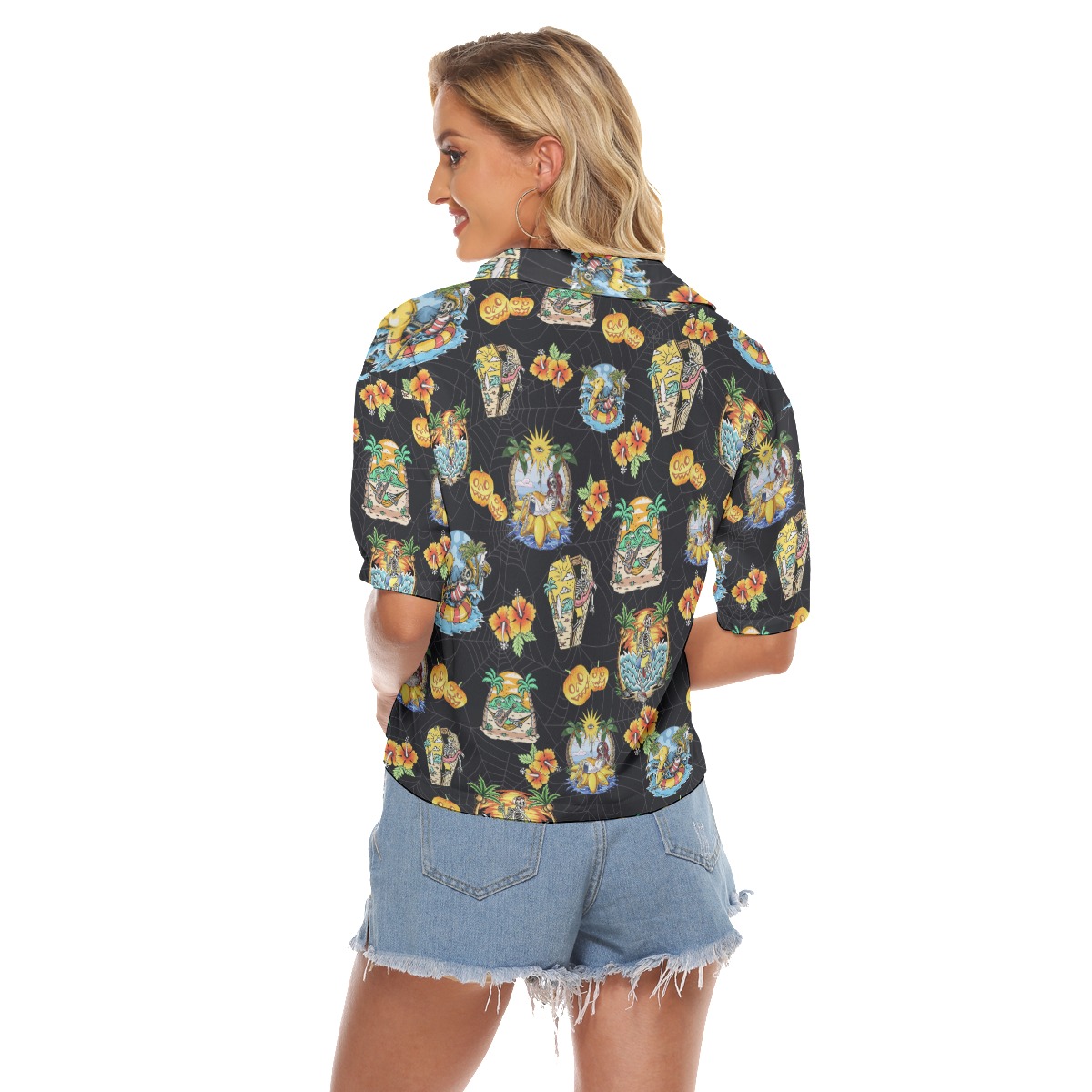 Funny Skeleton Vacation Hawaiian Cropped Shirt For Women