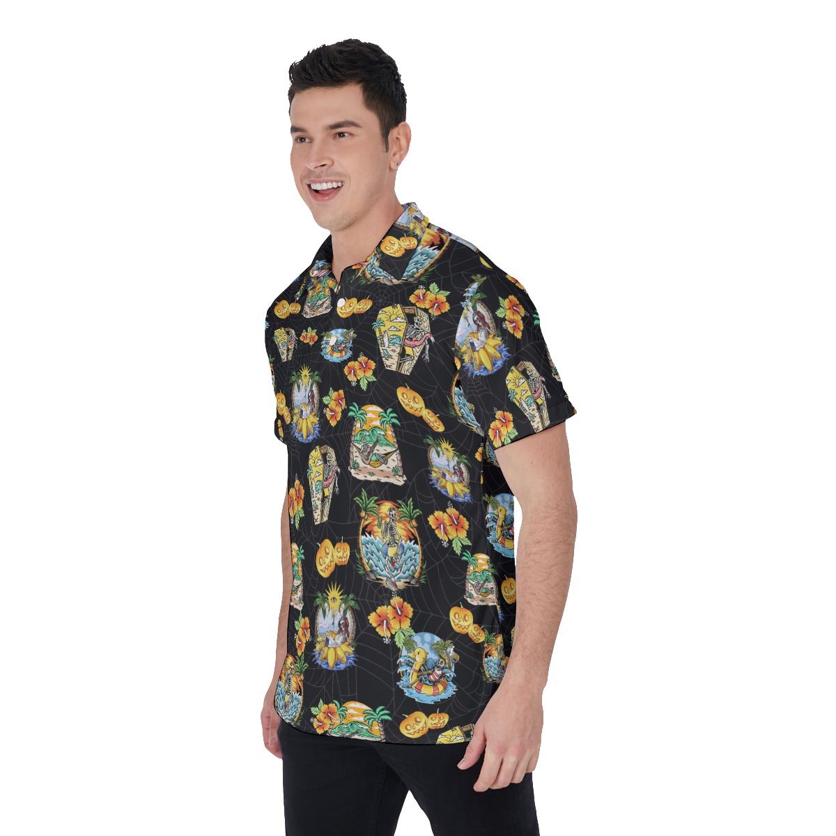 Horror Skeleton Vacation Black Hawaiian Polo Shirt