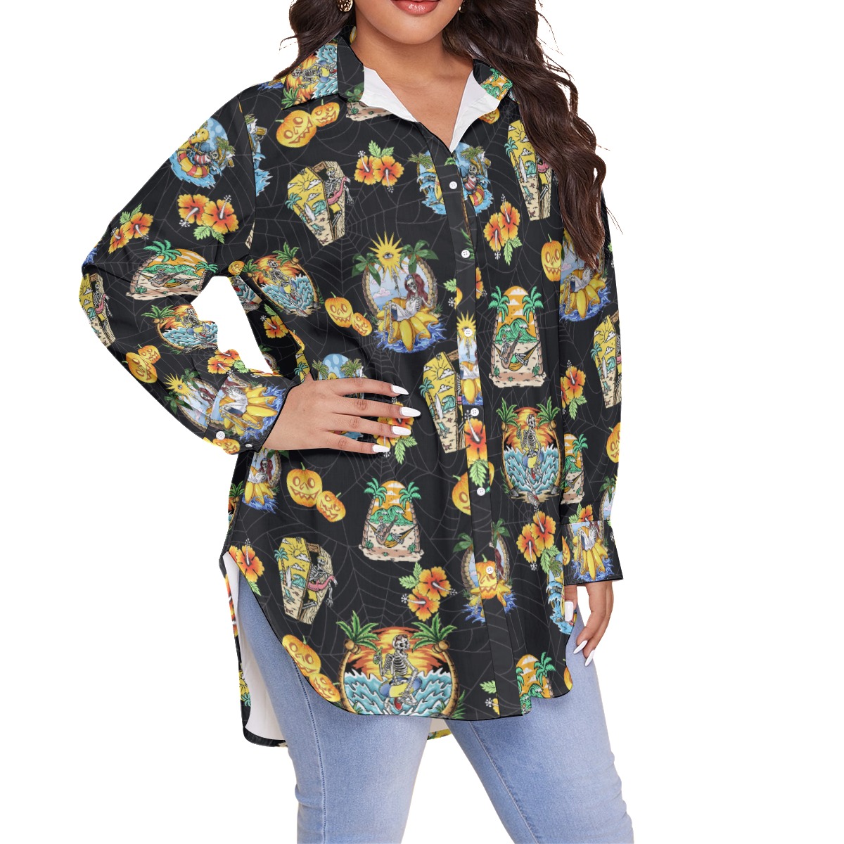 Skeleton Vacation Black Hawaiian Plus Size Shirt For Women
