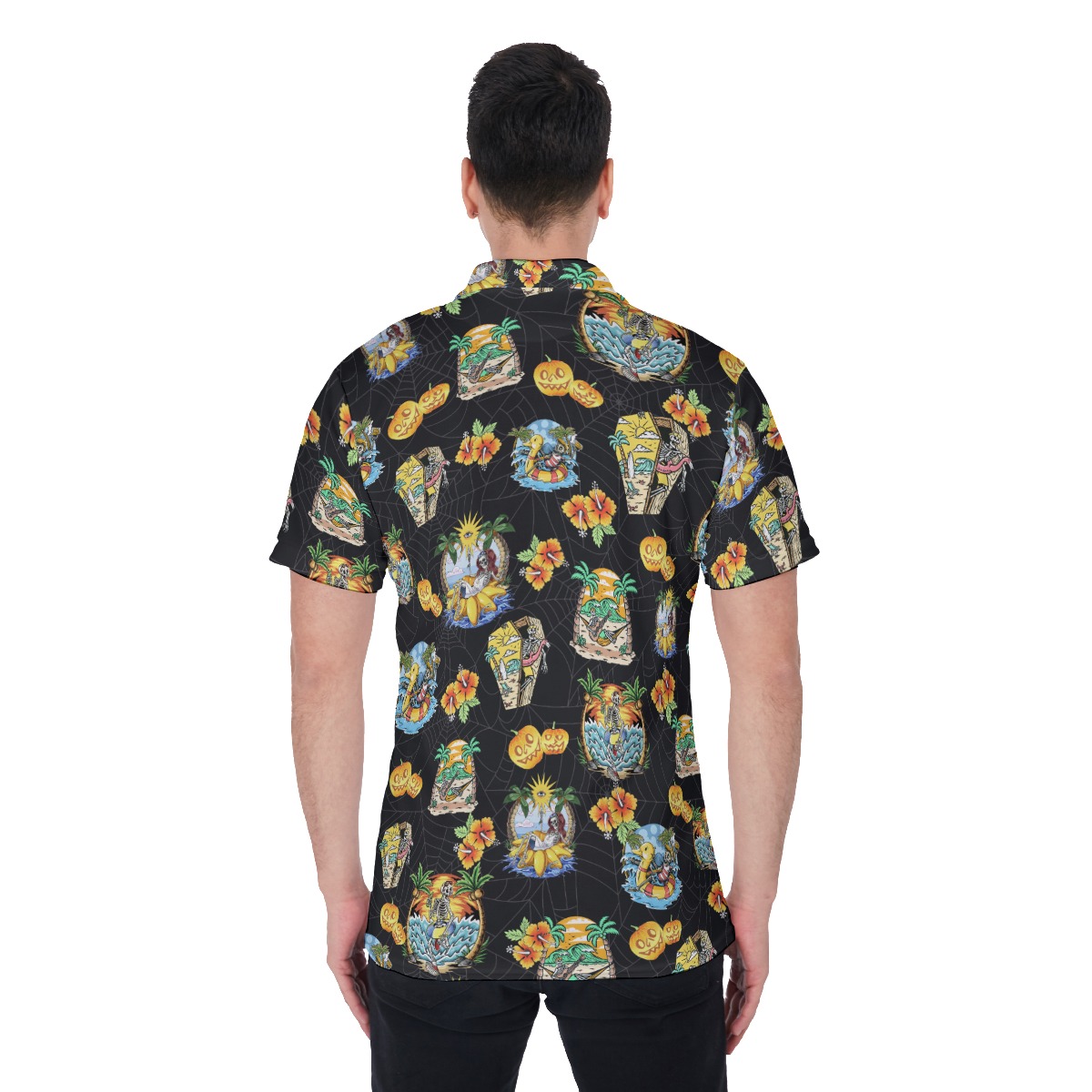 Horror Skeleton Vacation Black Hawaiian Polo Shirt