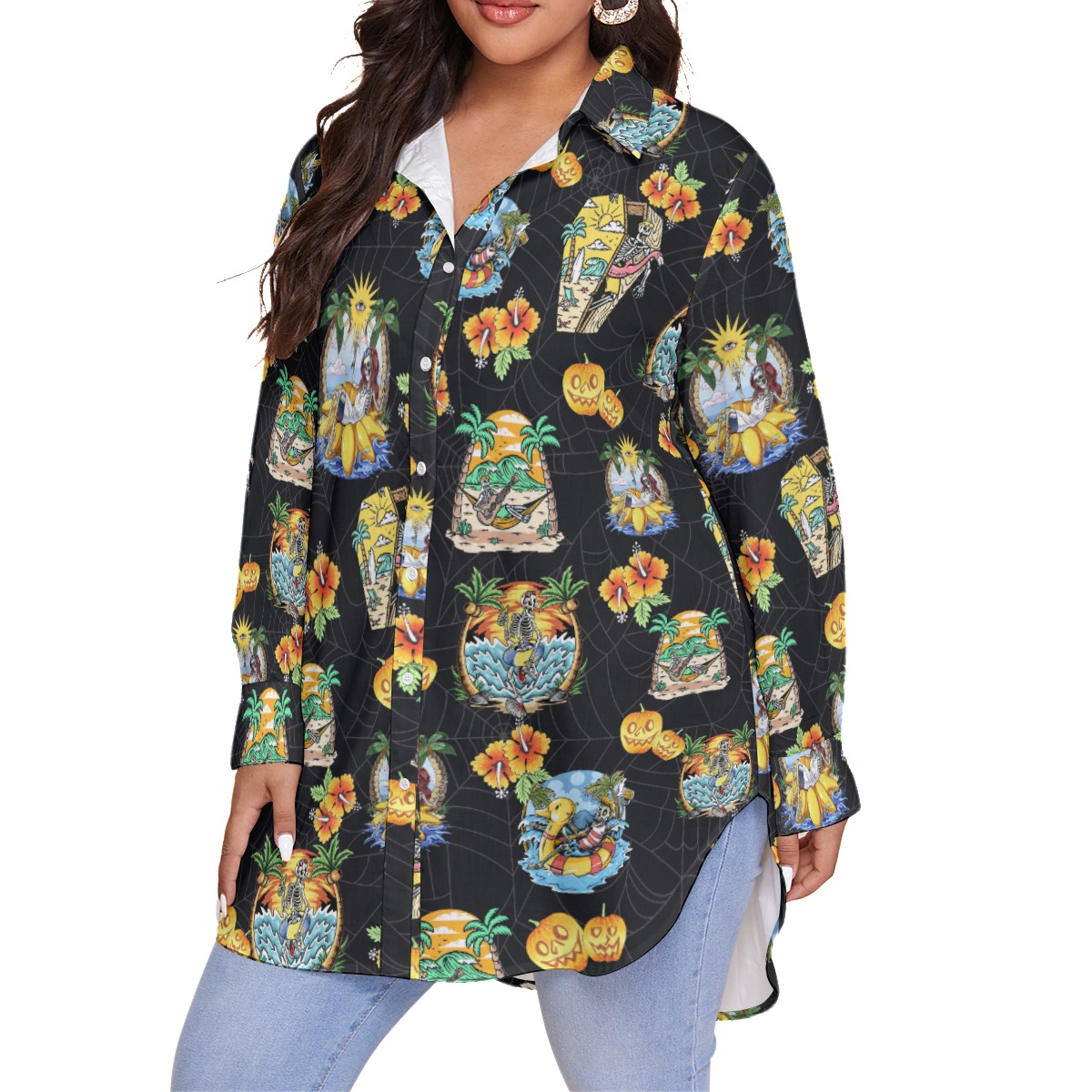 Skeleton Vacation Black Hawaiian Plus Size Shirt For Women
