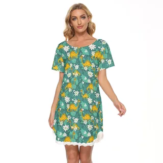 Dinosaur Taco Green Aloha Dress With Lace For Summer