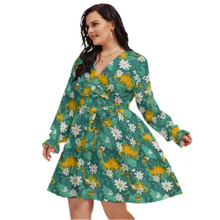 Funny Taco Dinosaur Hawaiian Plus Size V-Neck Dress
