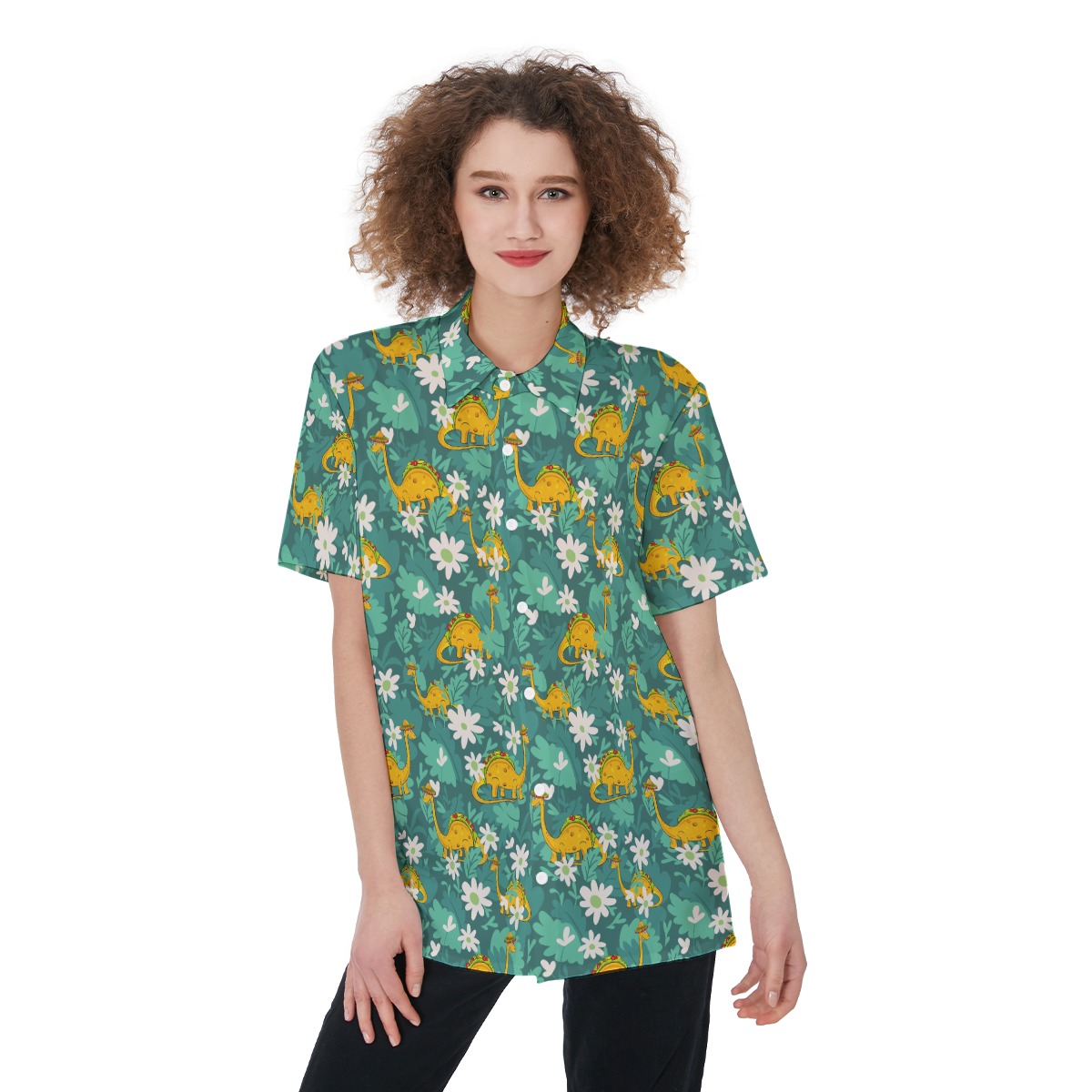 Funny Taco Dinosaur Green Hawaiian Shirt For Women - variant image 1