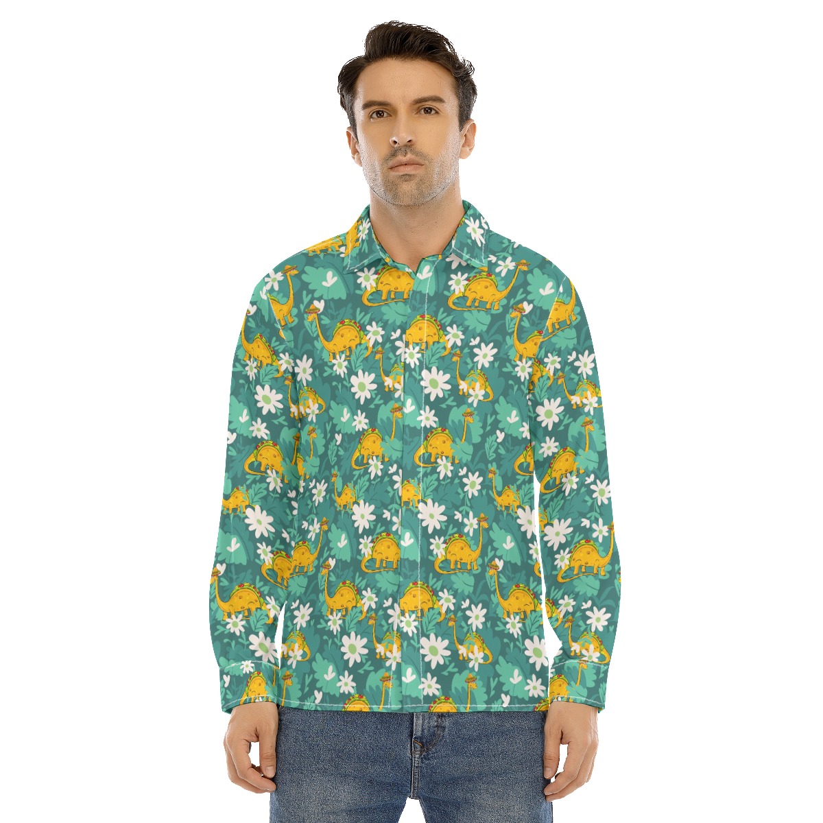 Dinosaurus Taco Green Hawaiian Long Sleeve Shirt For Men - variant image 1