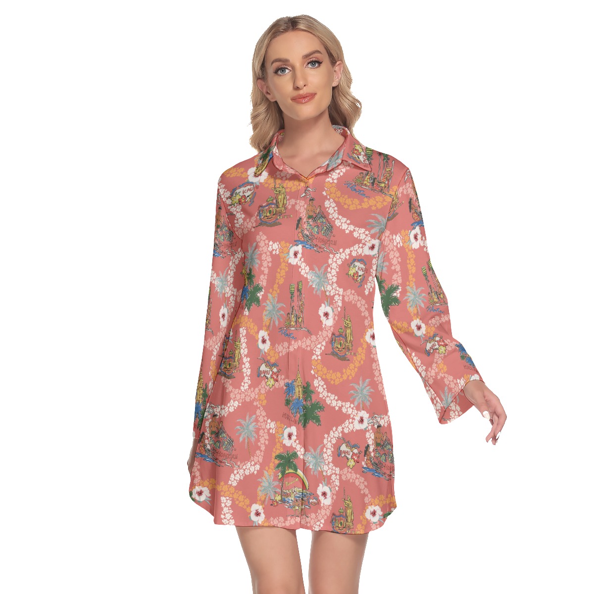 Vintage Island Landscape Pink Hawaiian Shirt Dress - variant image 1