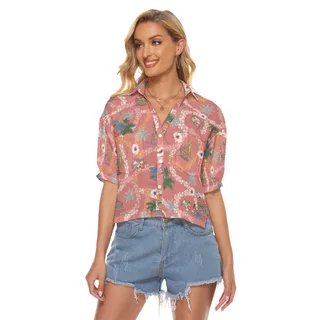 Vintage Landscape Floral Aloha Crop Top Shirt For Women